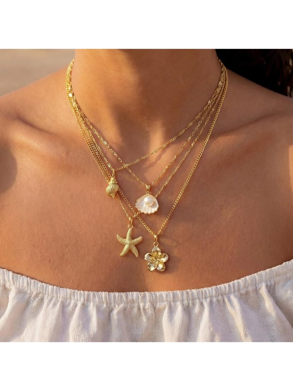 Women's Flower Glod Plated Layered Pendan Dainty Coastal Charm Starfish Necklace - Picture 5 of 7